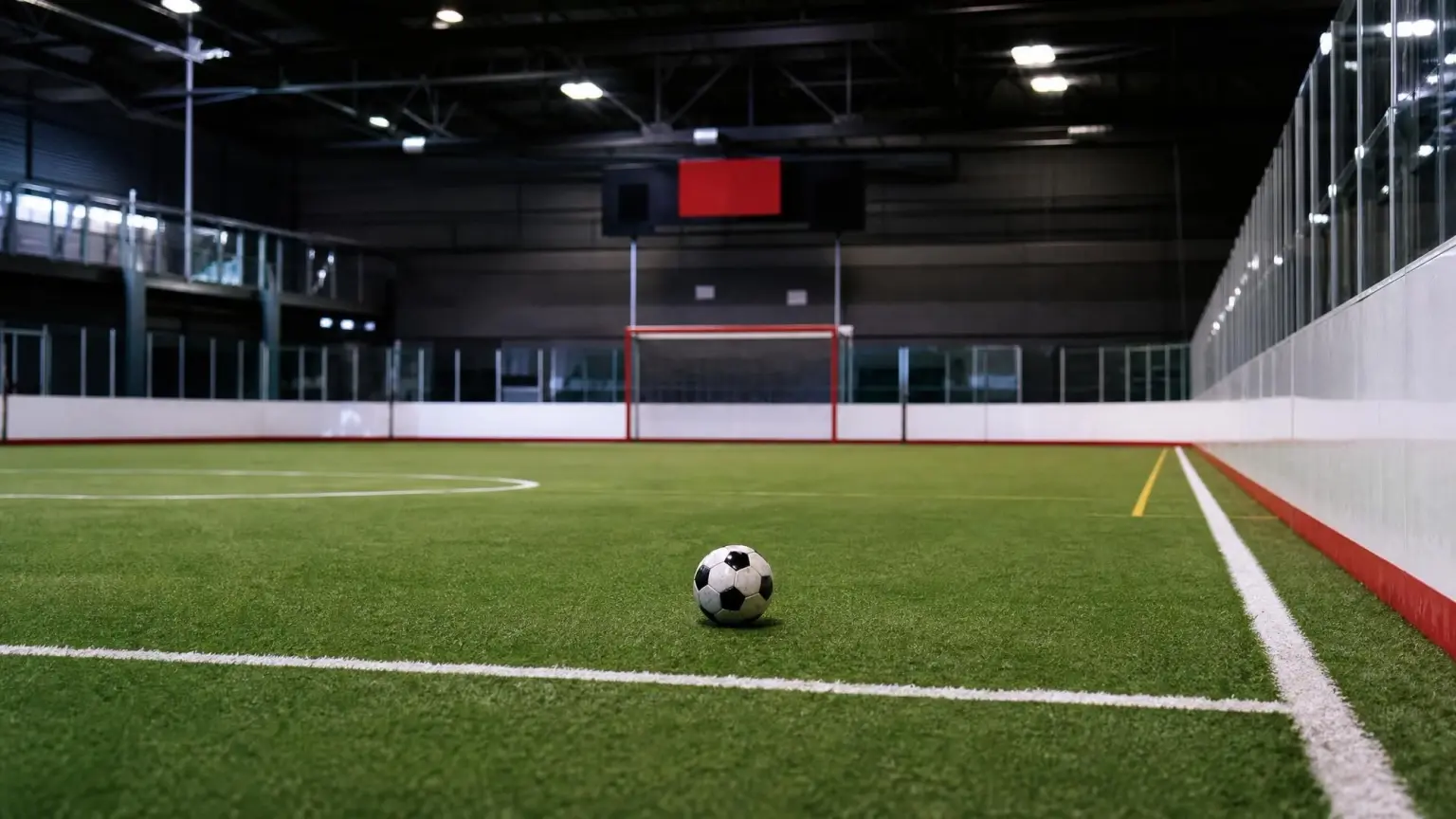 An empty indoor soccer arena at night, turf enclosed by white perimeter boards and glass, illustrating how indoor soccer rules keep the walls in play