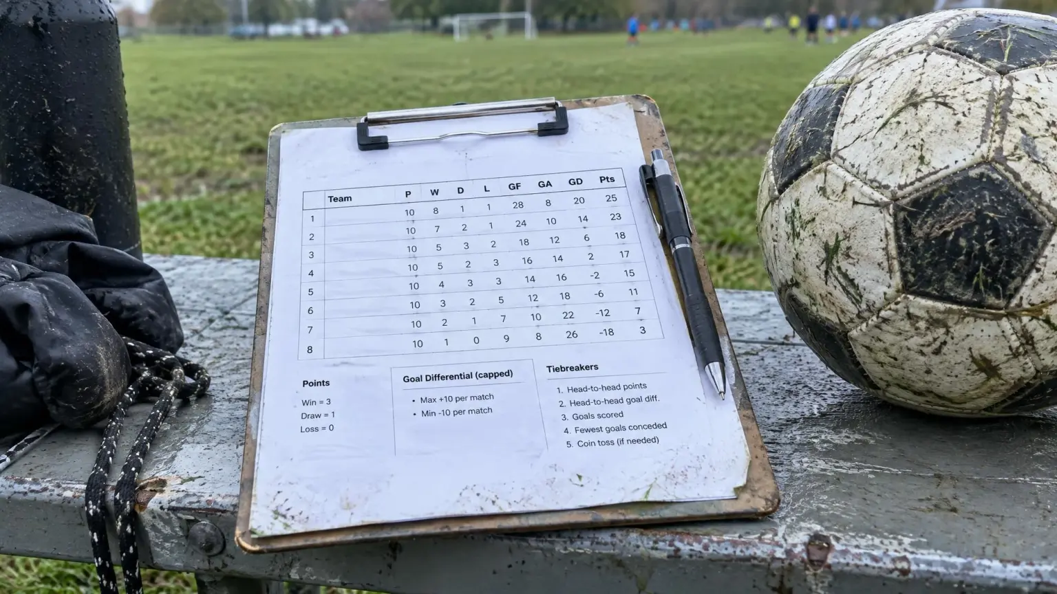 A clipboard holding a printed league table resting on a metal bench beside a scuffed soccer ball, illustrating how youth soccer standings work