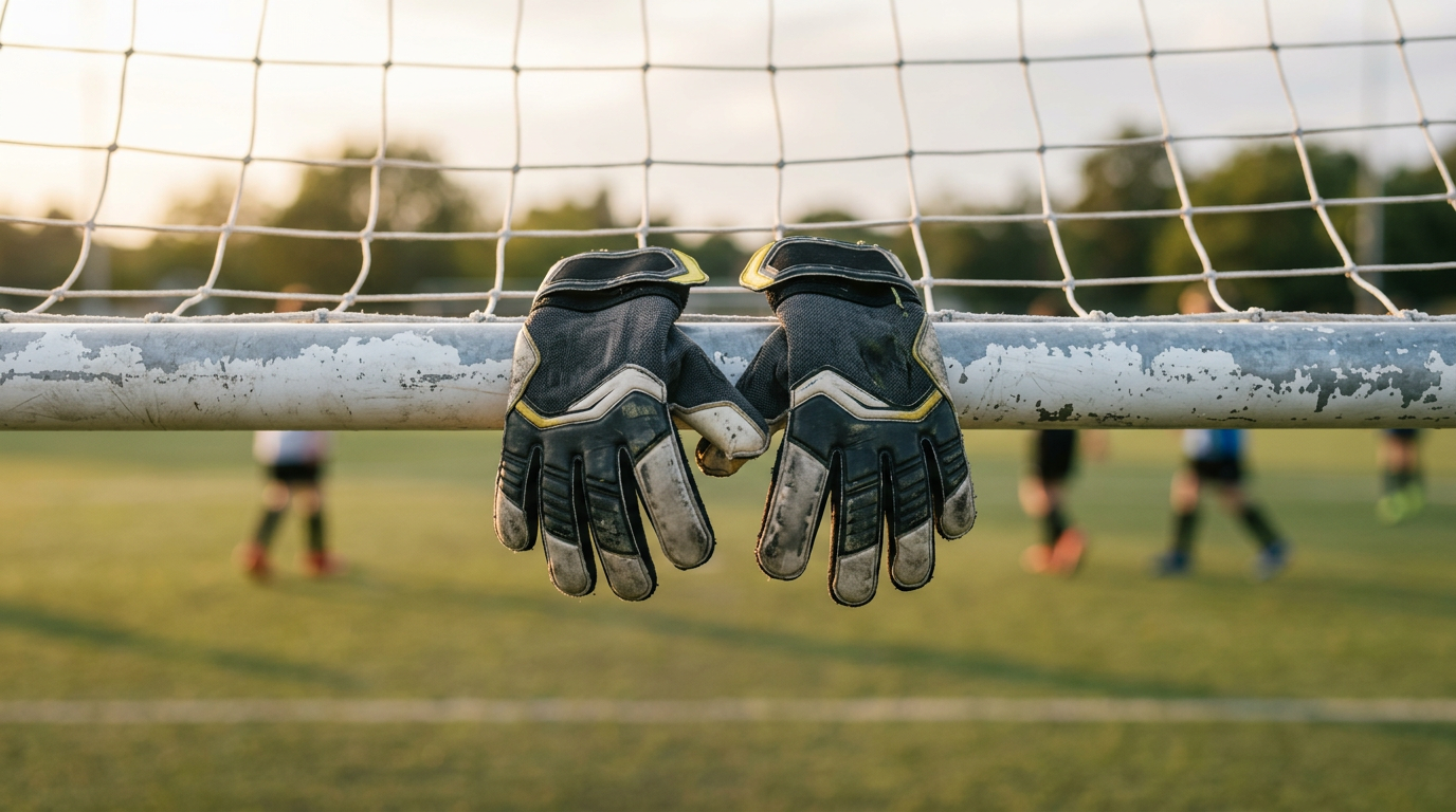 Goalkeeper gloves draped over a goalpost crossbar with the net behind them, representing position-specific training in youth soccer