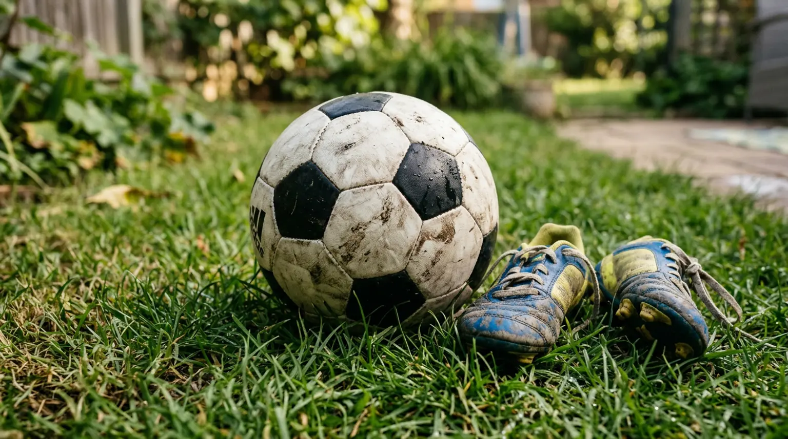 A youth soccer ball and small cleats on a backyard grass patch ready for home soccer drills