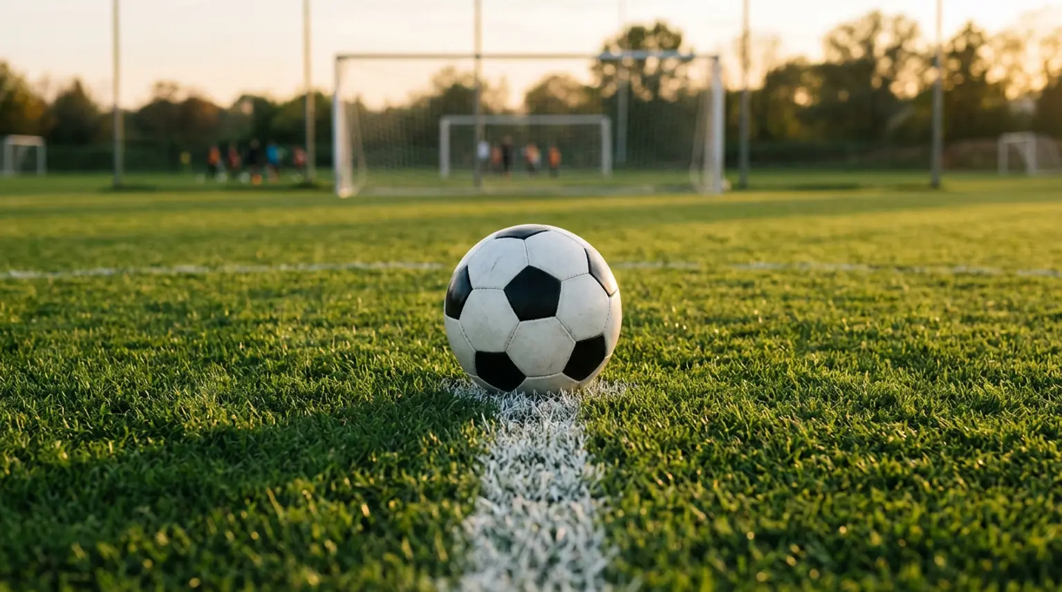 A soccer ball on the center circle of a green grass pitch at golden hour with goalposts in the distance, representing soccer drills for 12 year olds