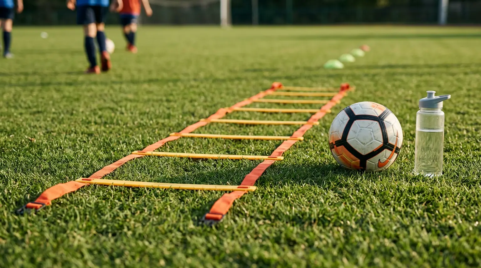 An agility ladder on green grass with a soccer ball and water bottle, representing conditioning equipment for soccer training