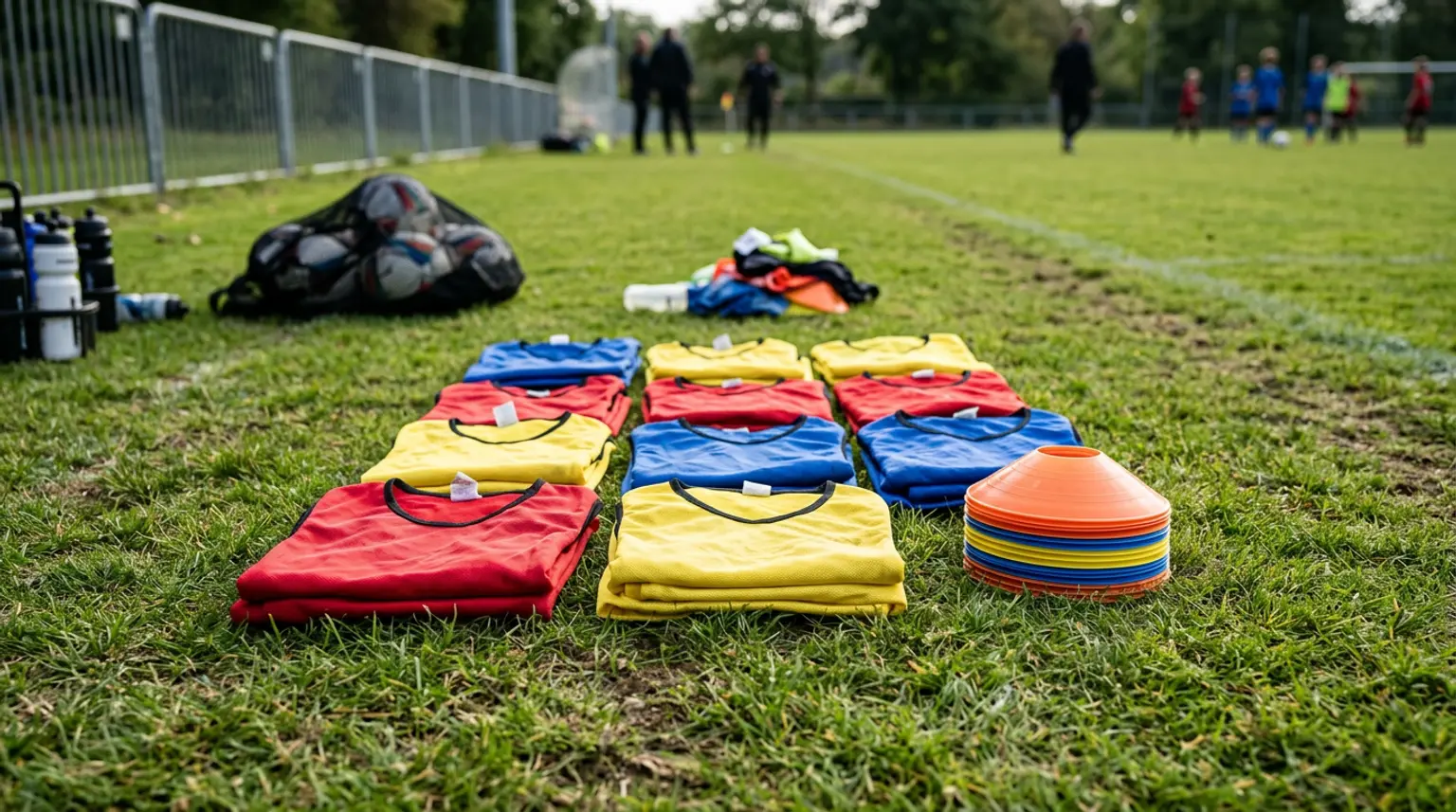 Youth soccer training bibs and cones laid out on a field before practice
