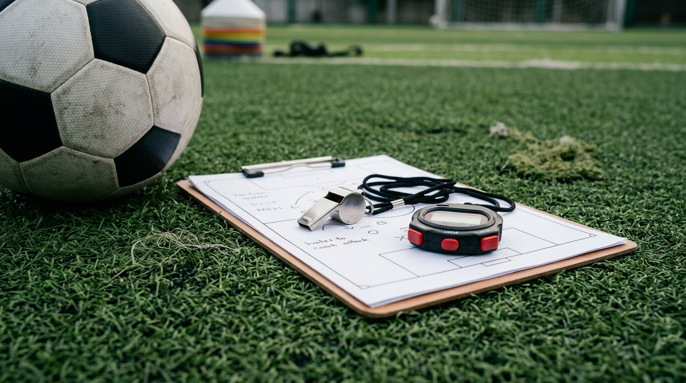 A coaching clipboard with whistle and stopwatch on artificial turf, representing player development tracking tools