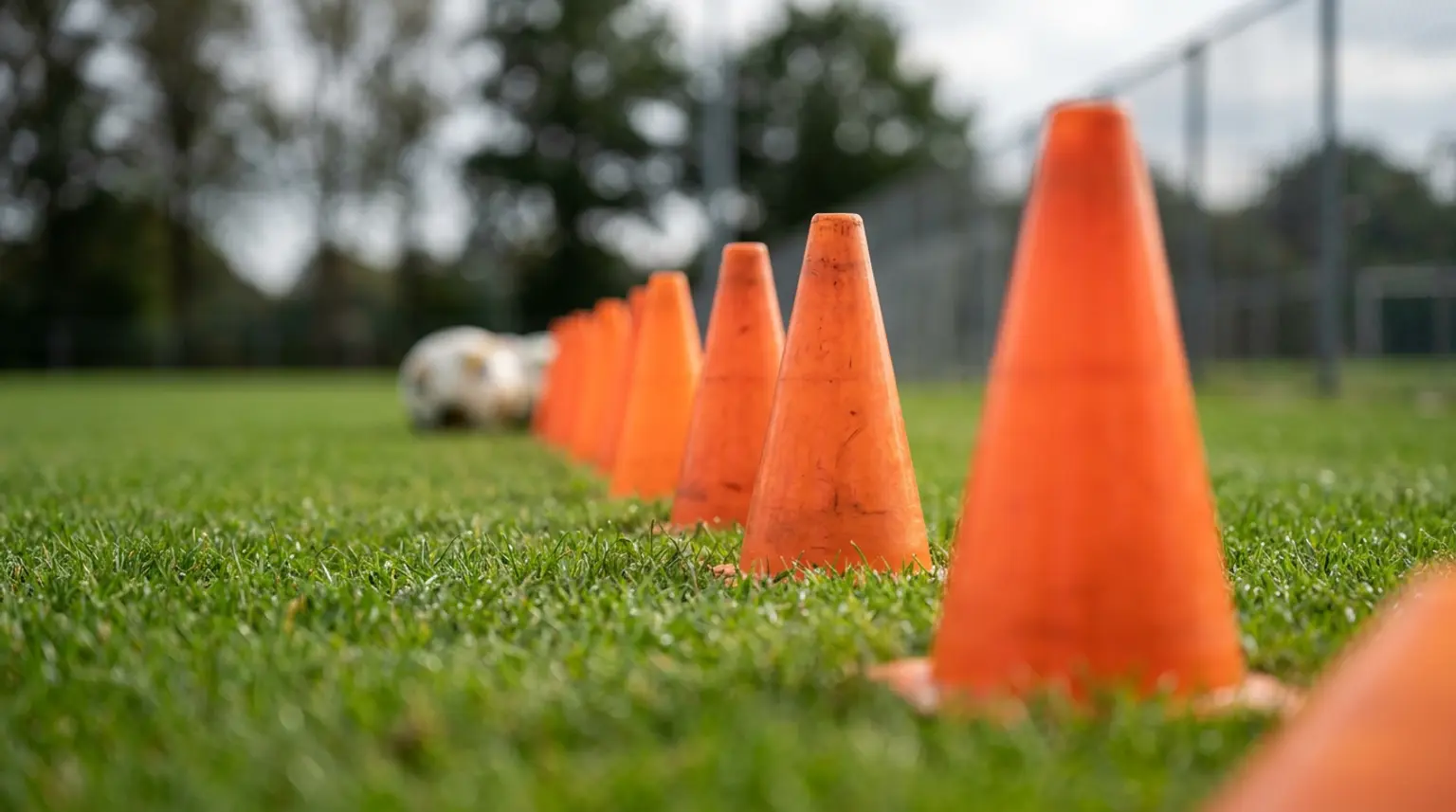 Orange training cones lined up on a green soccer pitch, representing structured home training sessions coaches can assign to players