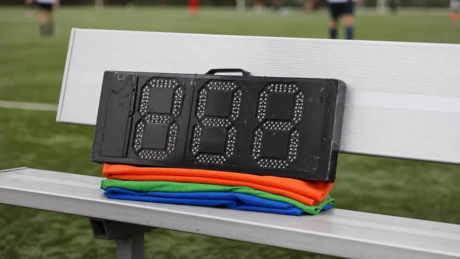 A soccer substitution board showing numbers resting on a stack of training bibs on an empty sideline bench, illustrating youth soccer substitution rules
