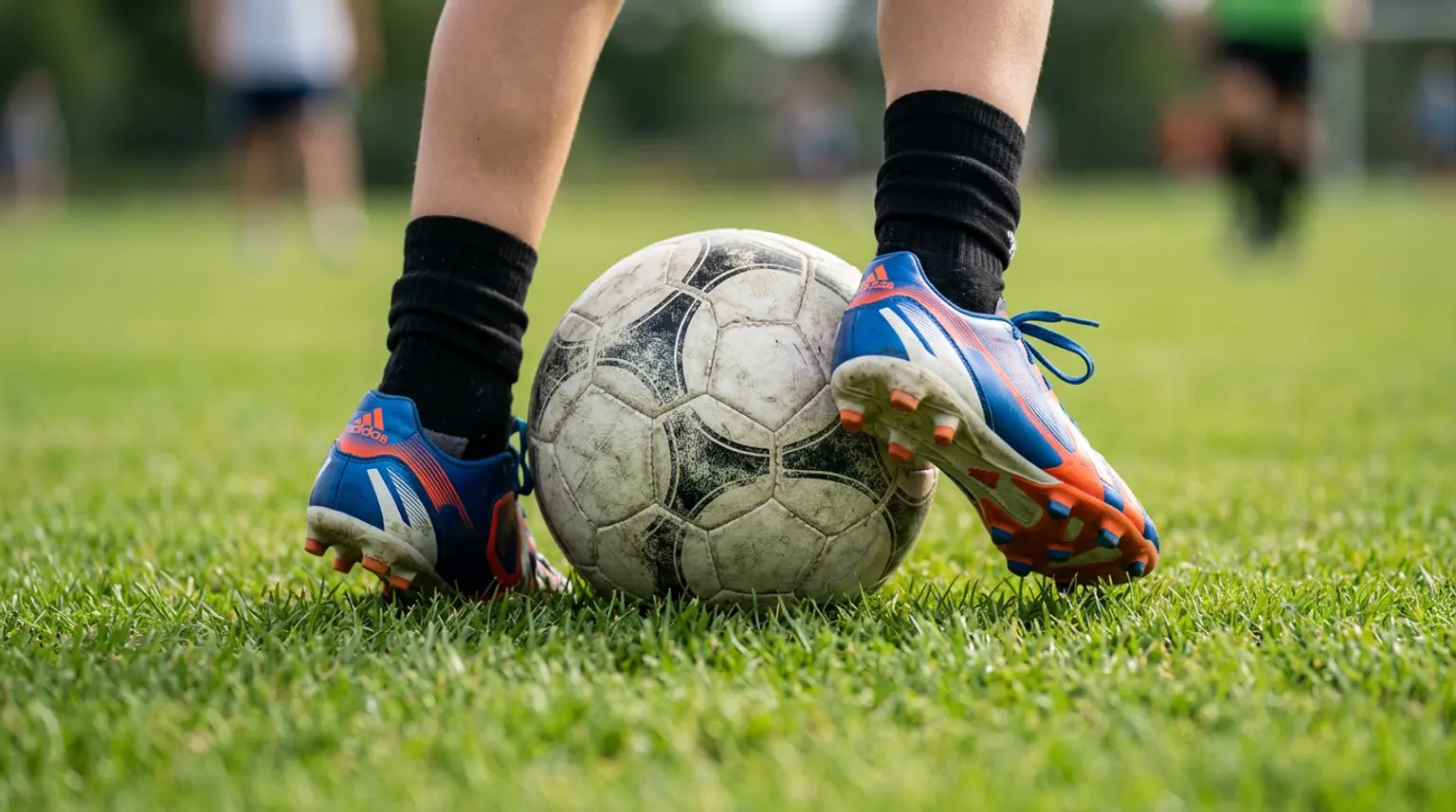 Close-up of a soccer ball between a player's feet during ball mastery exercises on green grass