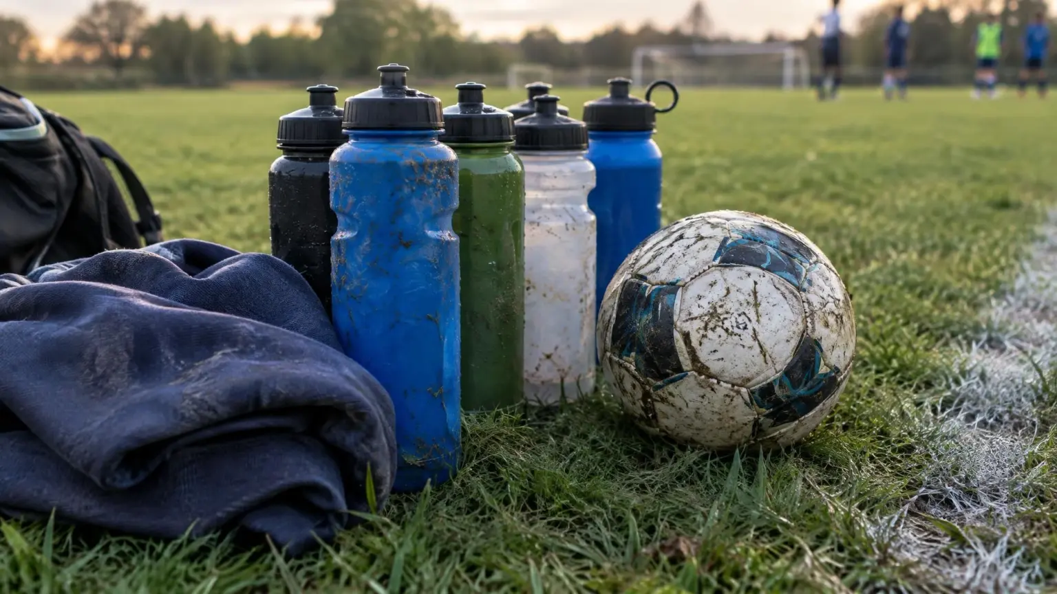 Youth soccer water bottles, a folded sweatshirt and a size 4 ball on the grass beside a touchline during halftime in a soccer game