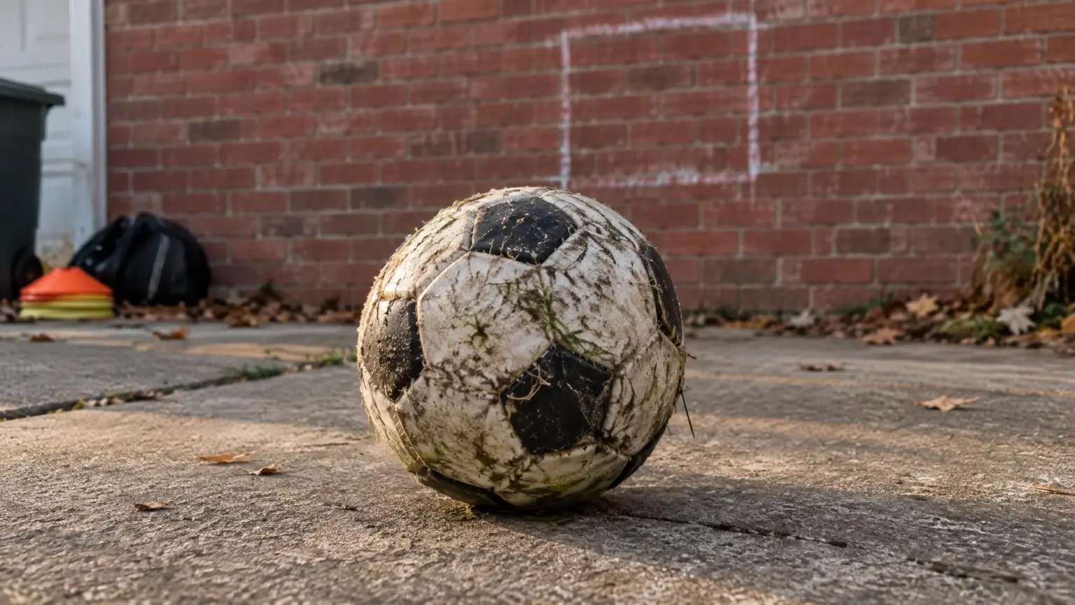 A worn soccer ball resting on a concrete driveway in front of a plain red brick wall marked with a faint chalk target square, the simplest setup for soccer wall drills.