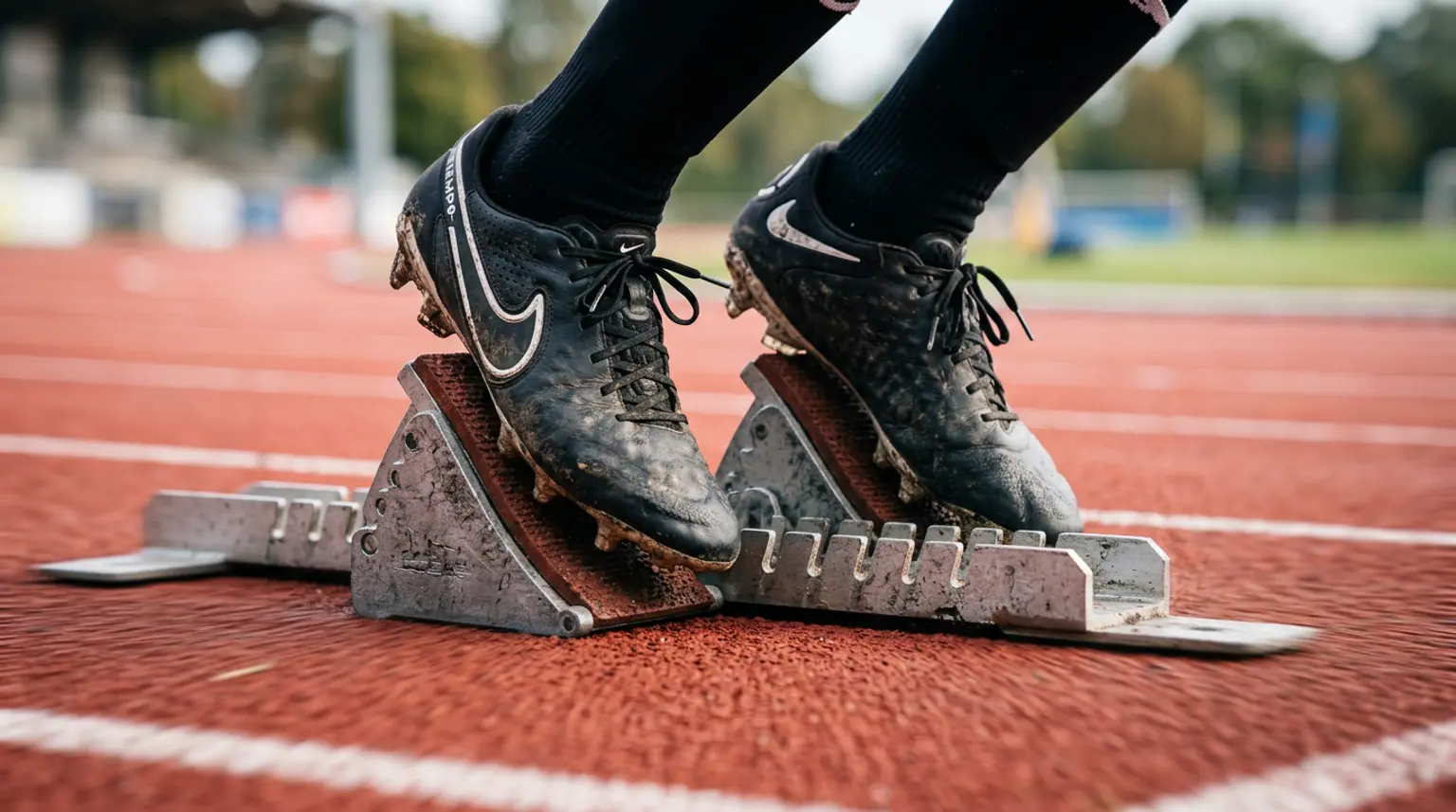 Soccer cleats on a running track with motion blur, representing high-intensity interval training for youth soccer players