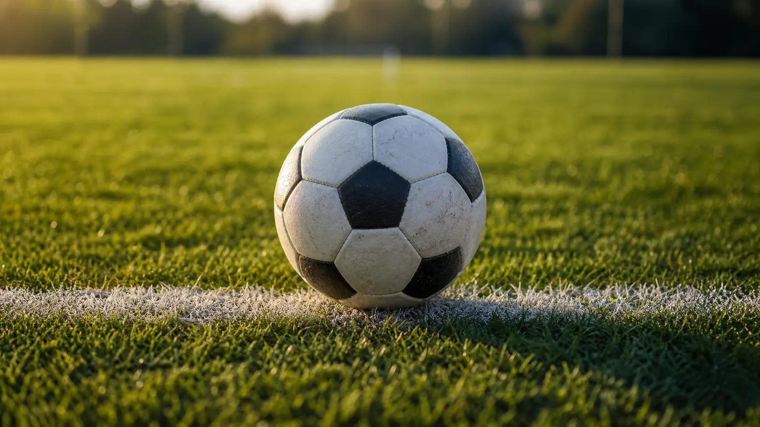 A soccer ball resting on the painted white touchline of a grass pitch, the position from which a throw-in restarts play