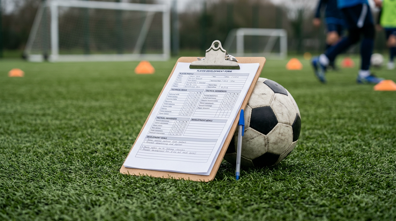 A clipboard with a player development plan resting on artificial turf next to a soccer ball, representing individual development plans in youth soccer