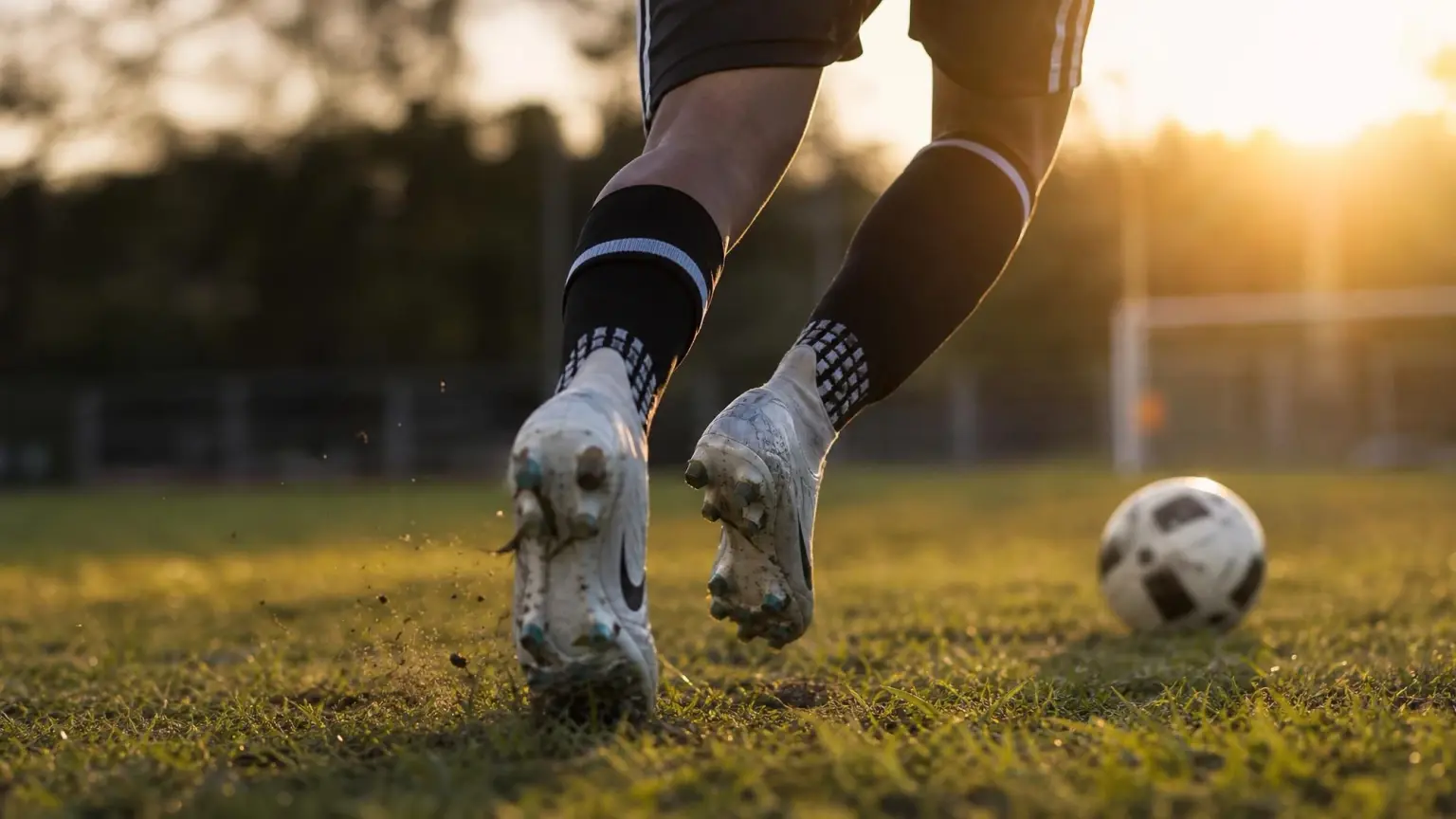 A youth soccer player's cleats and legs mid-landing from a jump on a grass training pitch, demonstrating proper knee-bent landing mechanics used in ACL injury prevention