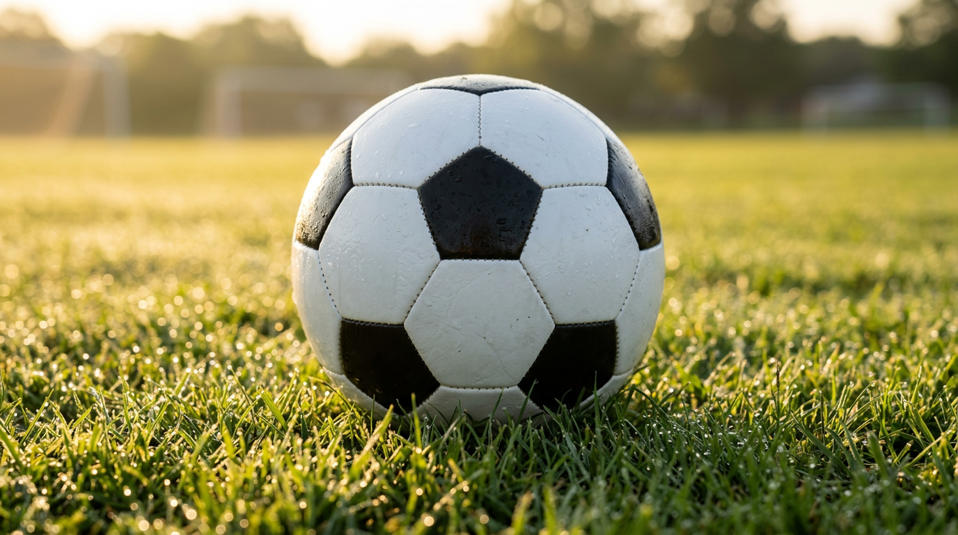 A soccer ball resting on dewy morning grass in warm golden sunlight, representing youth soccer home training