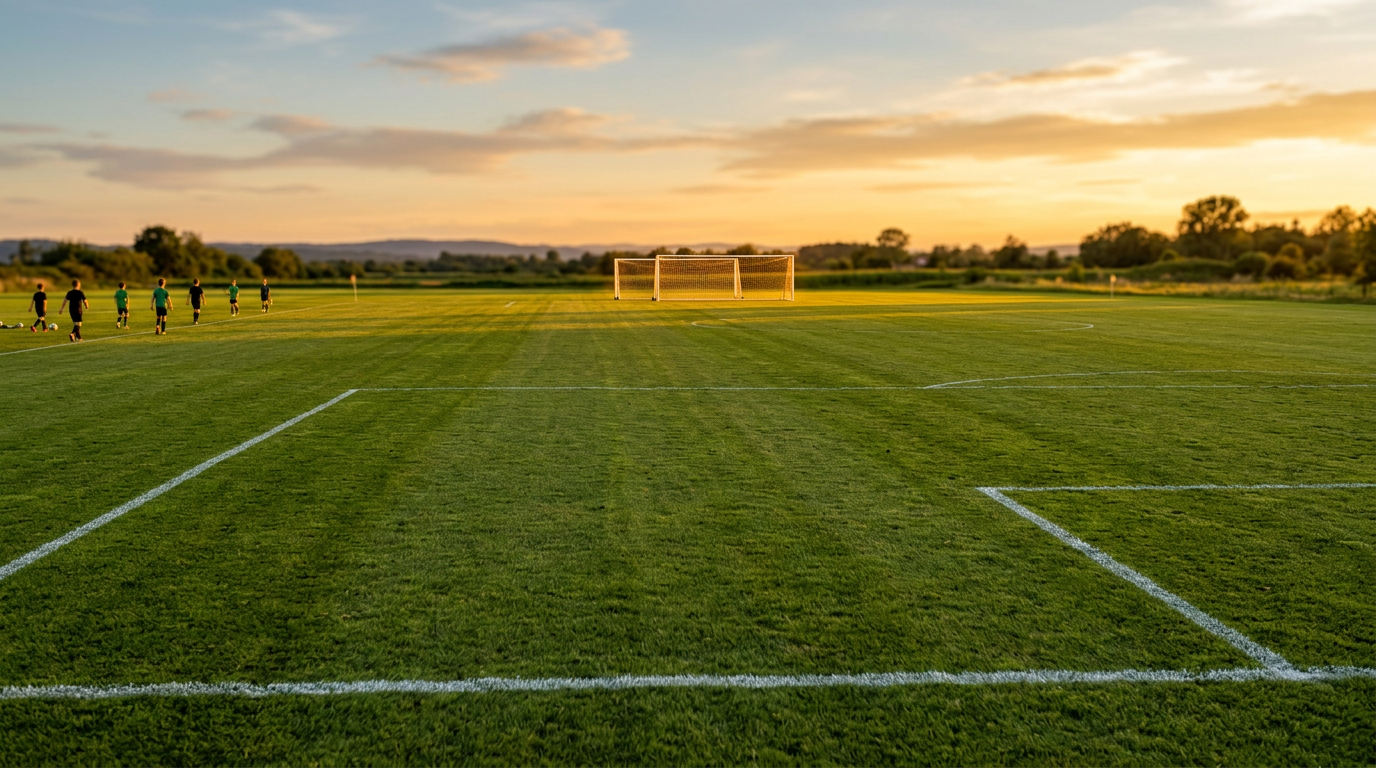 A wide view of a full-size soccer field stretching into the distance at golden hour, representing the transition from small-sided to 11v11 soccer