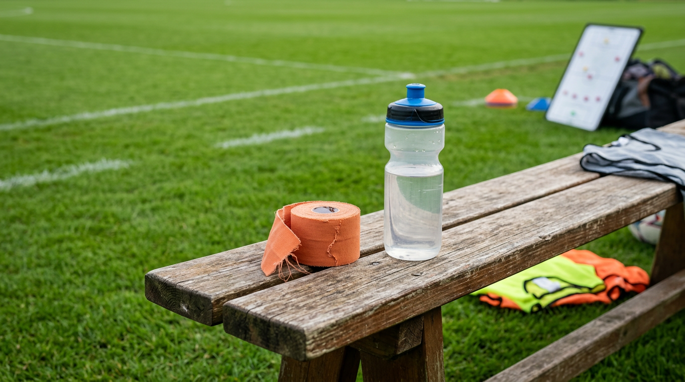 Athletic tape and a water bottle on a bench beside a soccer pitch, representing training load management for youth players