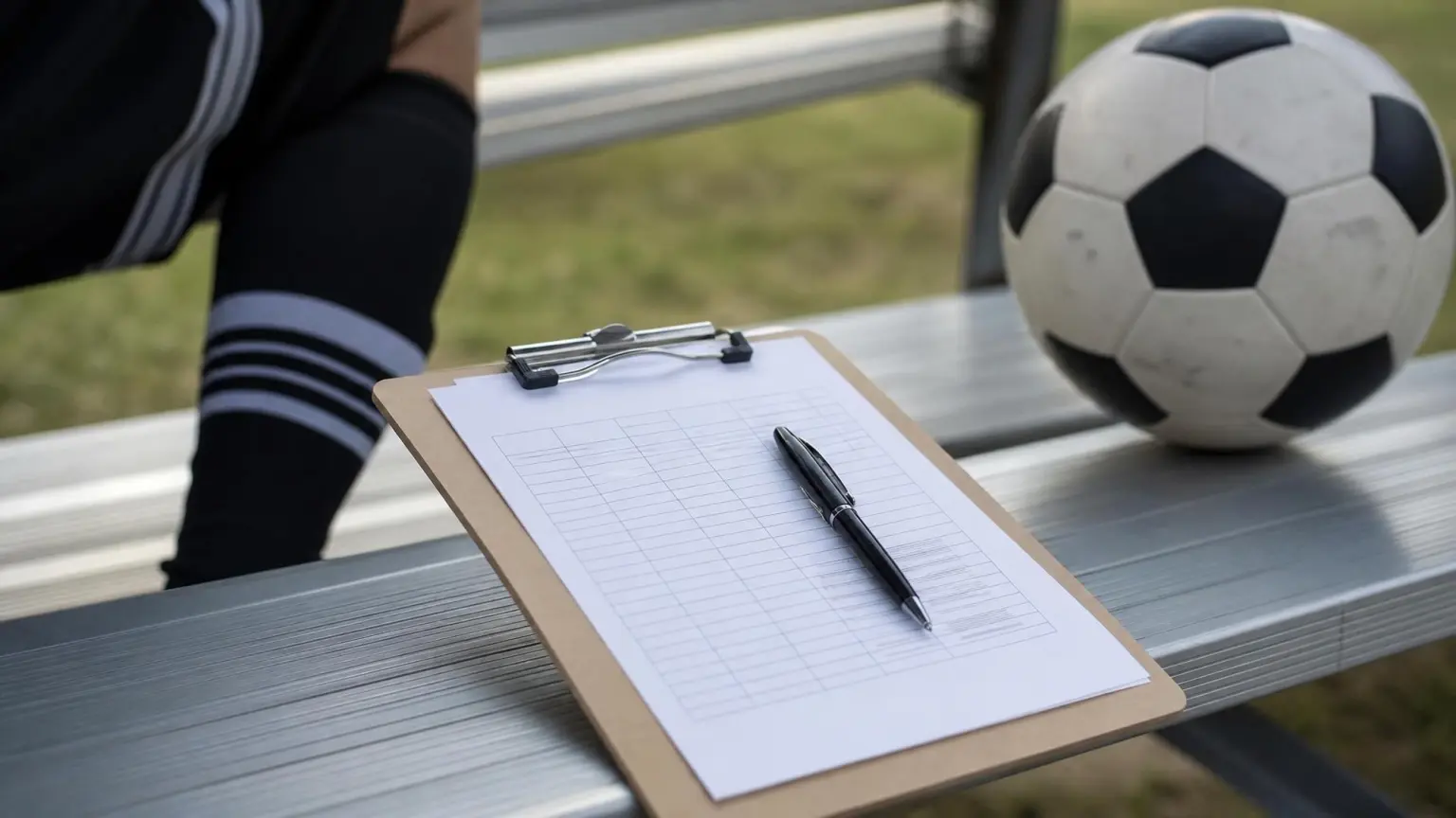 A clipboard holding a youth soccer team roster sheet and pen resting on an empty team bench beside a ball