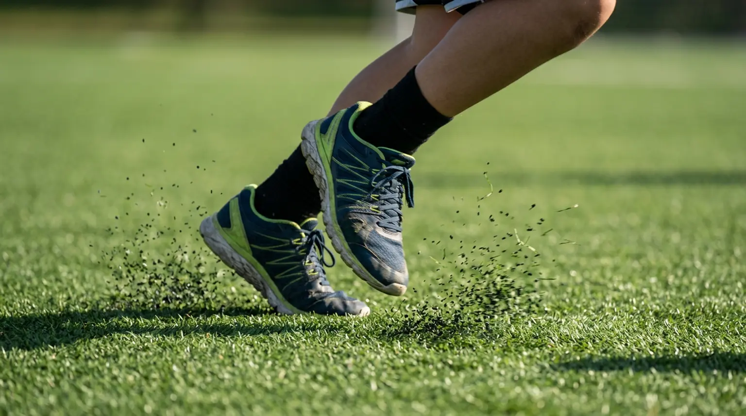 Athletic shoes on green turf with motion blur representing explosive soccer conditioning drills for youth players