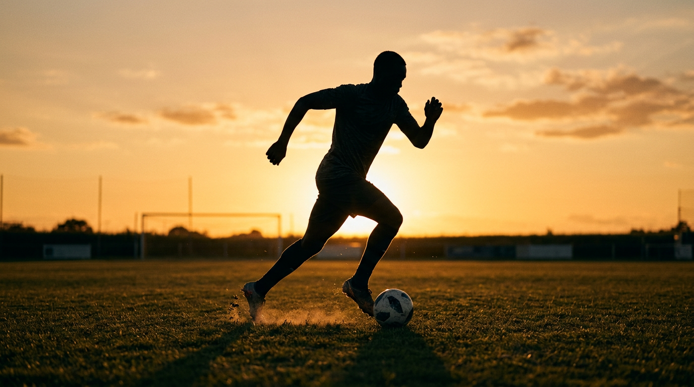 Silhouette of a soccer player sprinting on a pitch at sunset