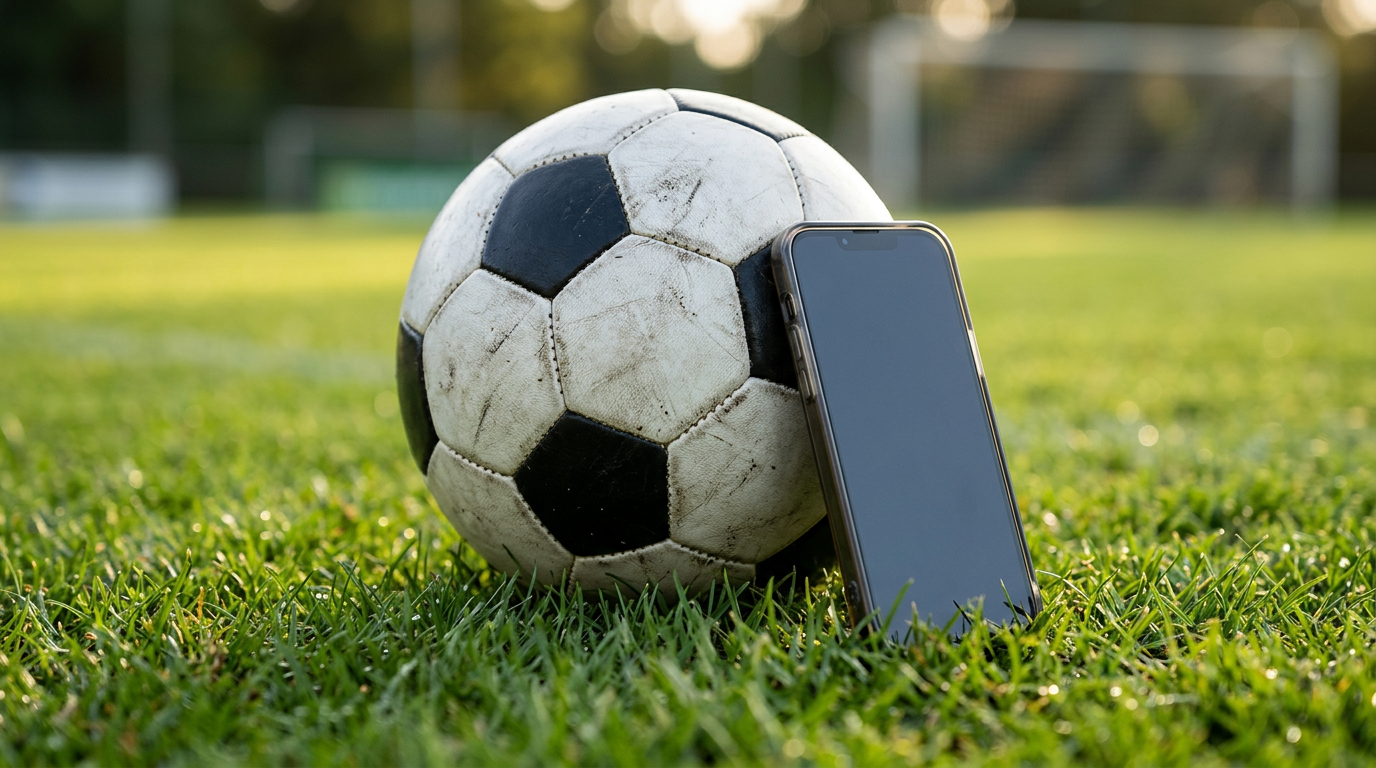 A smartphone resting against a soccer ball on green grass, representing youth soccer training apps