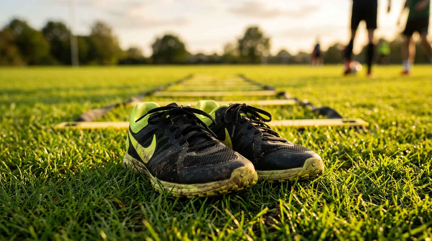 Running shoes on a grass field with an agility ladder in the background, representing soccer conditioning drills without a ball
