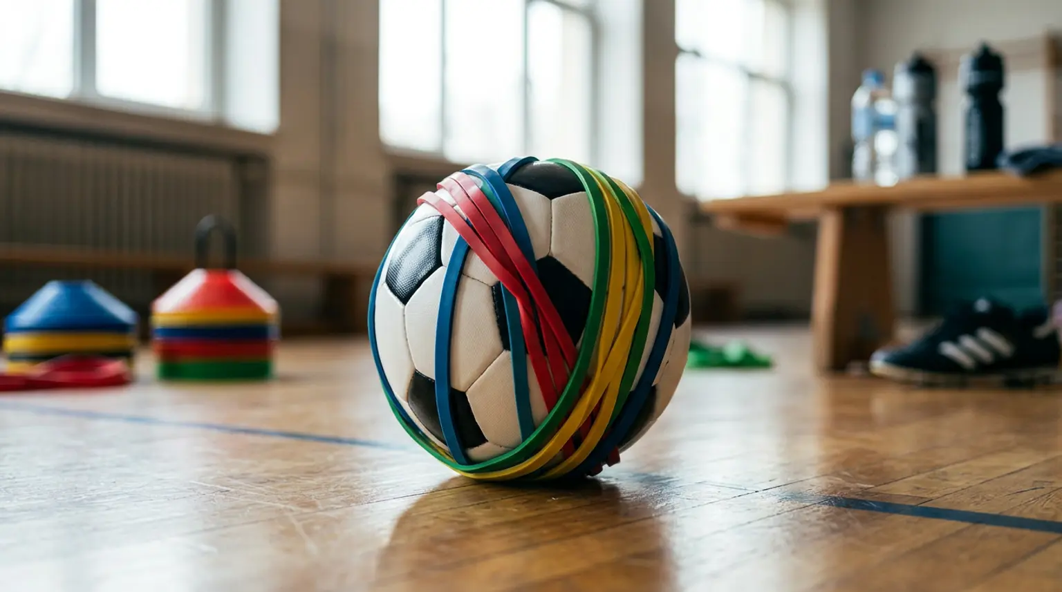 Colorful resistance bands looped around a soccer ball on a gym floor