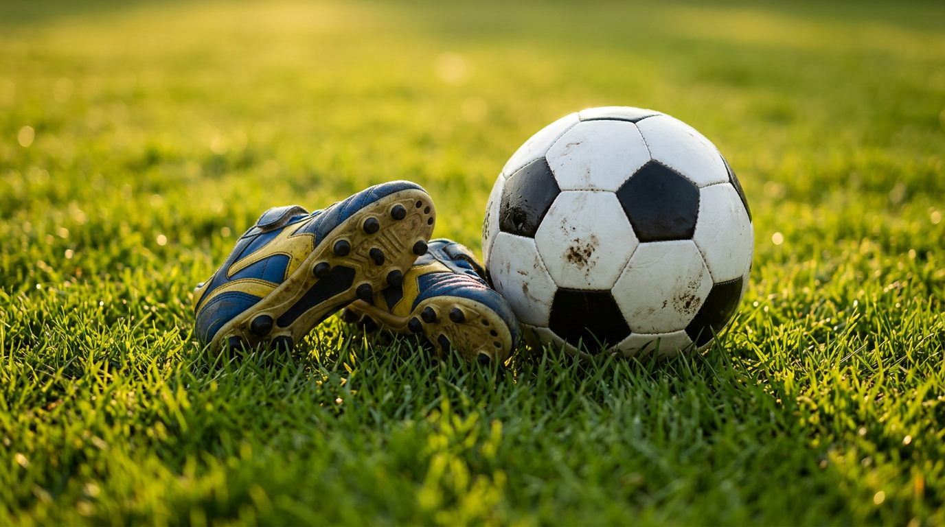 Tiny children's soccer cleats next to a size 3 ball on green grass, representing the right age for kids to start playing soccer