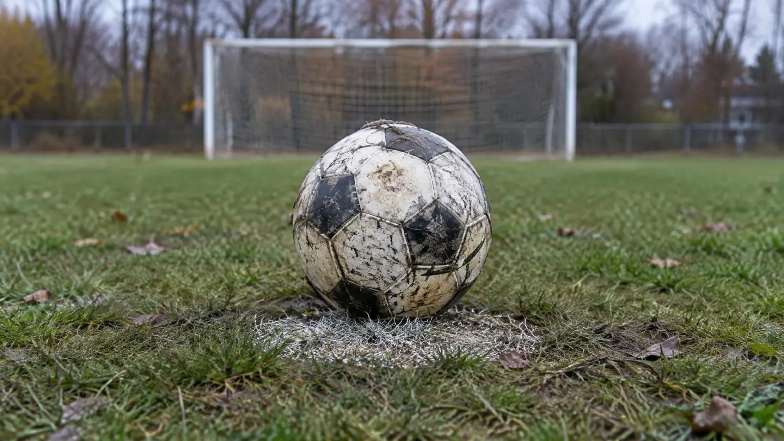 A soccer ball resting on the worn penalty mark of a high school grass field, with the empty goal blurred behind it, where high school soccer overtime rules are settled by a shootout
