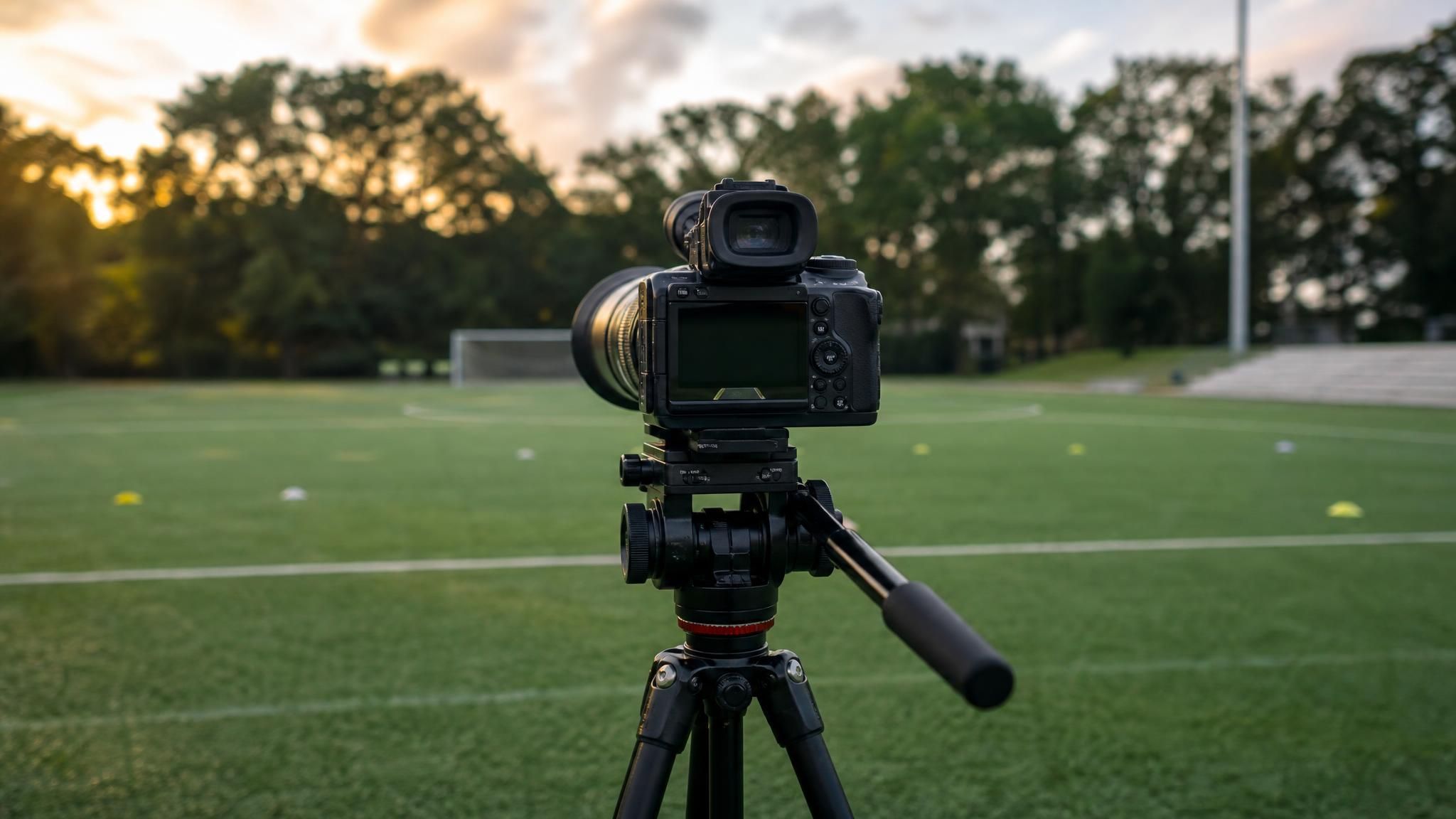 A video camera on a tripod at the edge of an empty soccer pitch, pointed down the field, ready to film footage for a college soccer recruiting video