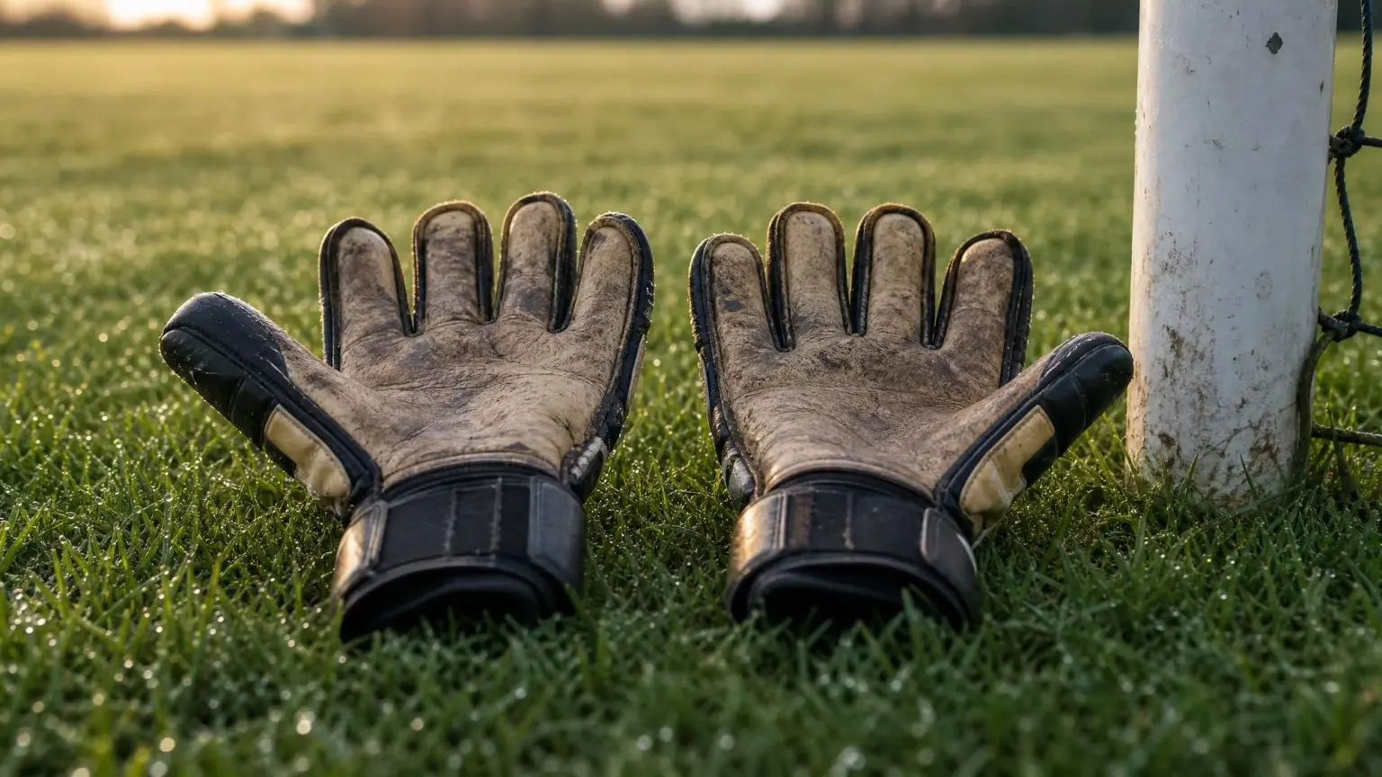 A pair of well-used goalkeeper gloves resting palms-up on dew-covered grass beside a goalpost, the kind of pair parents buy when choosing goalkeeper gloves for kids.