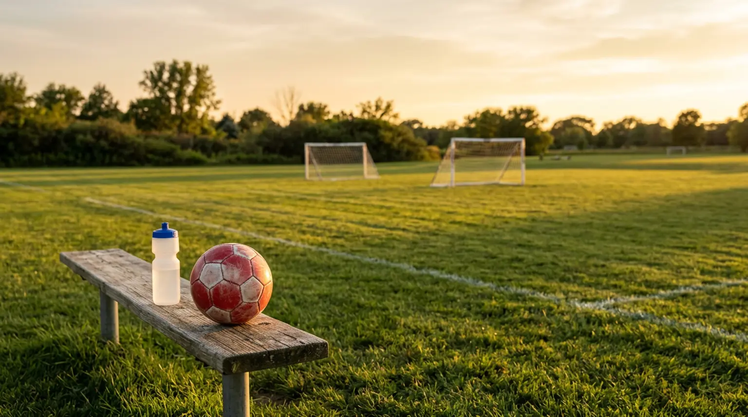 An empty youth soccer field at golden hour with a ball and water bottle on the sideline, representing a parent's guide to helping their child in soccer