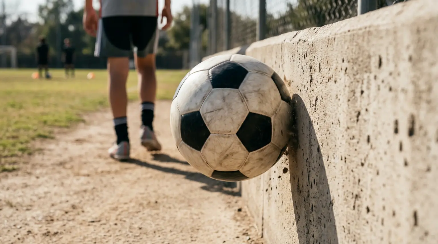 A soccer ball rebounding off a wall during a first touch training drill on a sunlit pitch