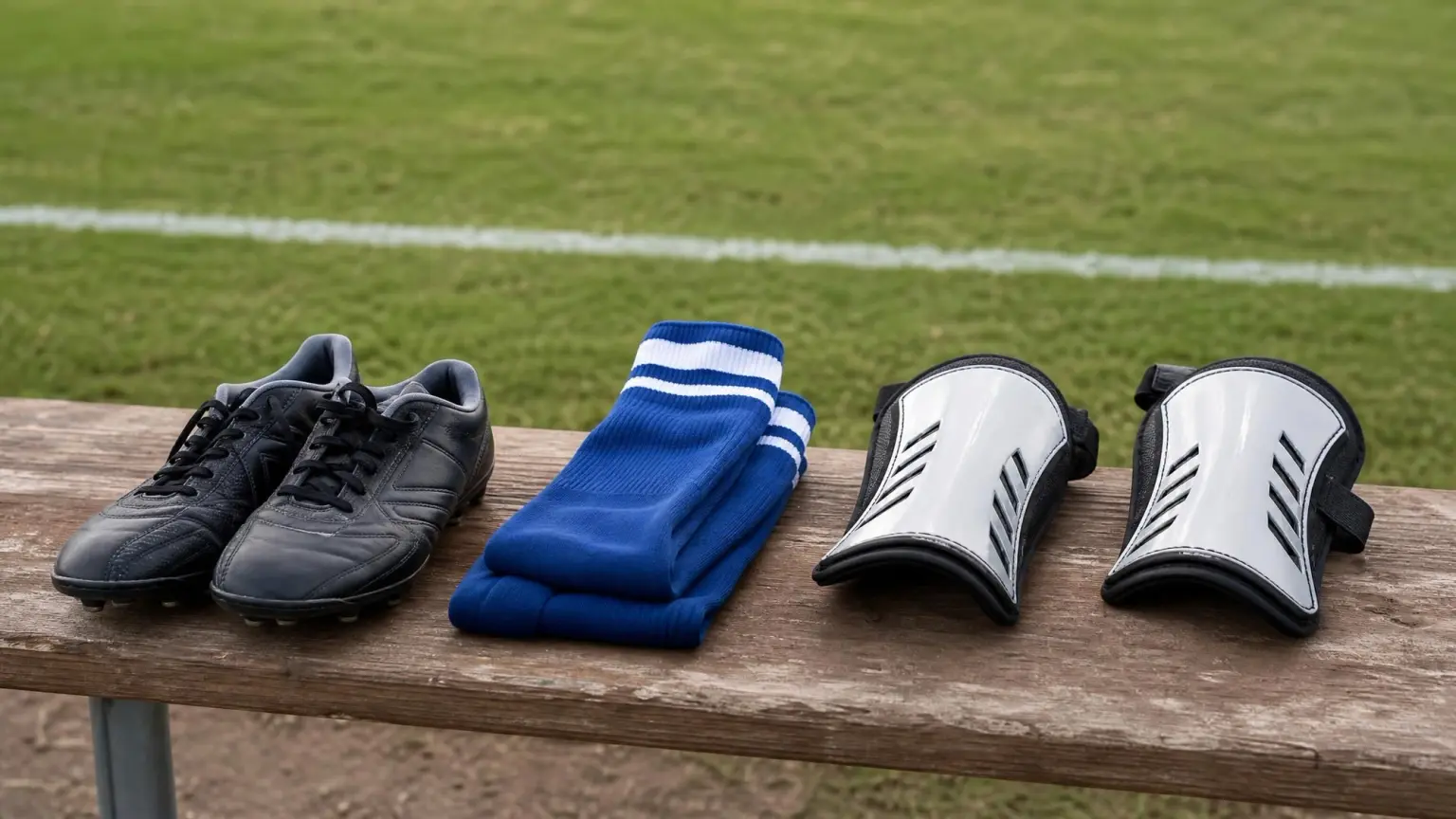 Youth soccer shin guards, tall game socks and cleats laid out on a wooden bench beside an empty field, the compulsory items under soccer equipment rules