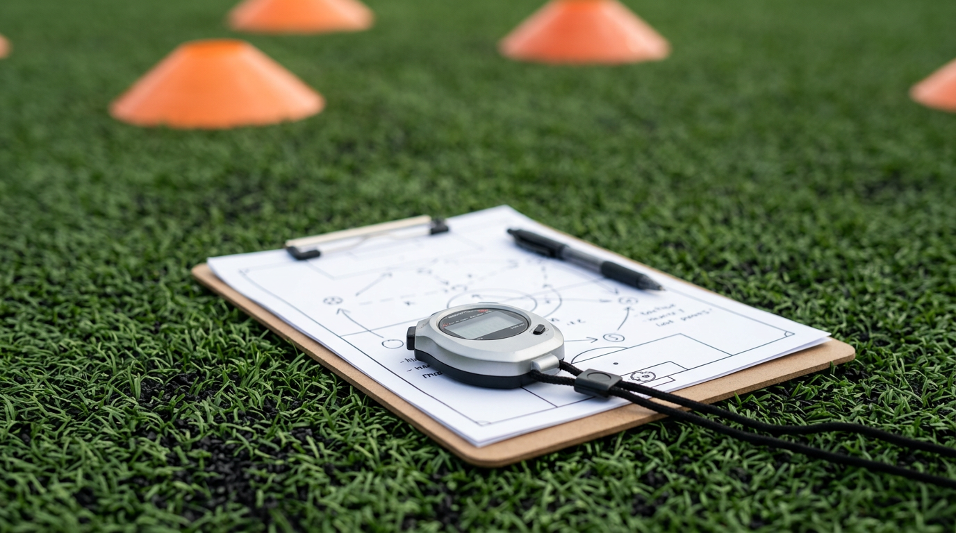A stopwatch and coaching clipboard on artificial turf with training cones in the background, representing tools for evaluating a soccer training app for clubs