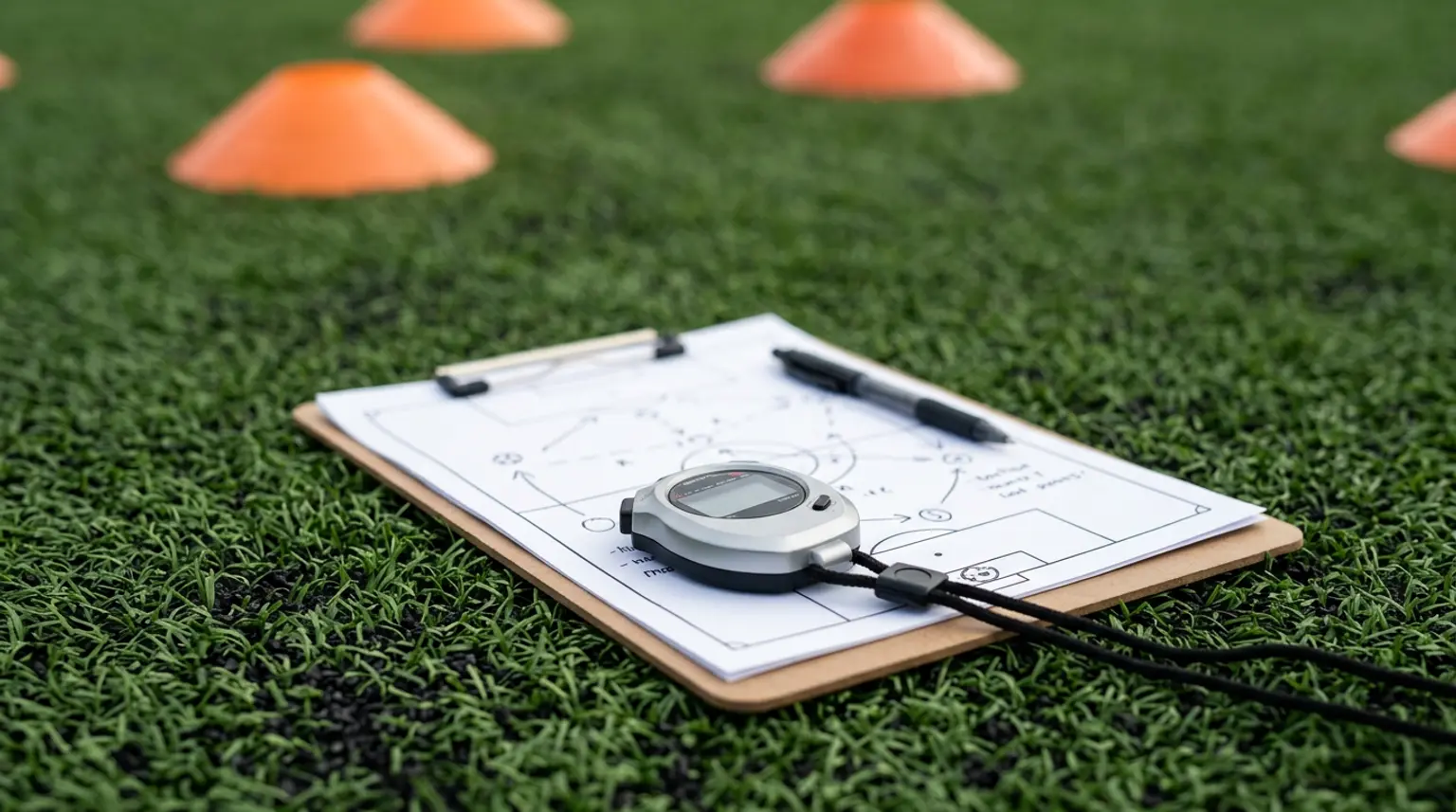 A stopwatch and coaching clipboard on artificial turf with training cones in the background, representing tools for evaluating a soccer training app for clubs