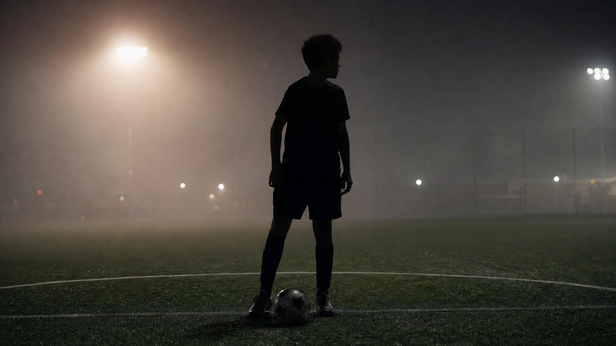 Silhouette of a soccer player with the ball at their feet turning their head to look over their shoulder on a floodlit pitch, the scanning habit at the heart of soccer IQ