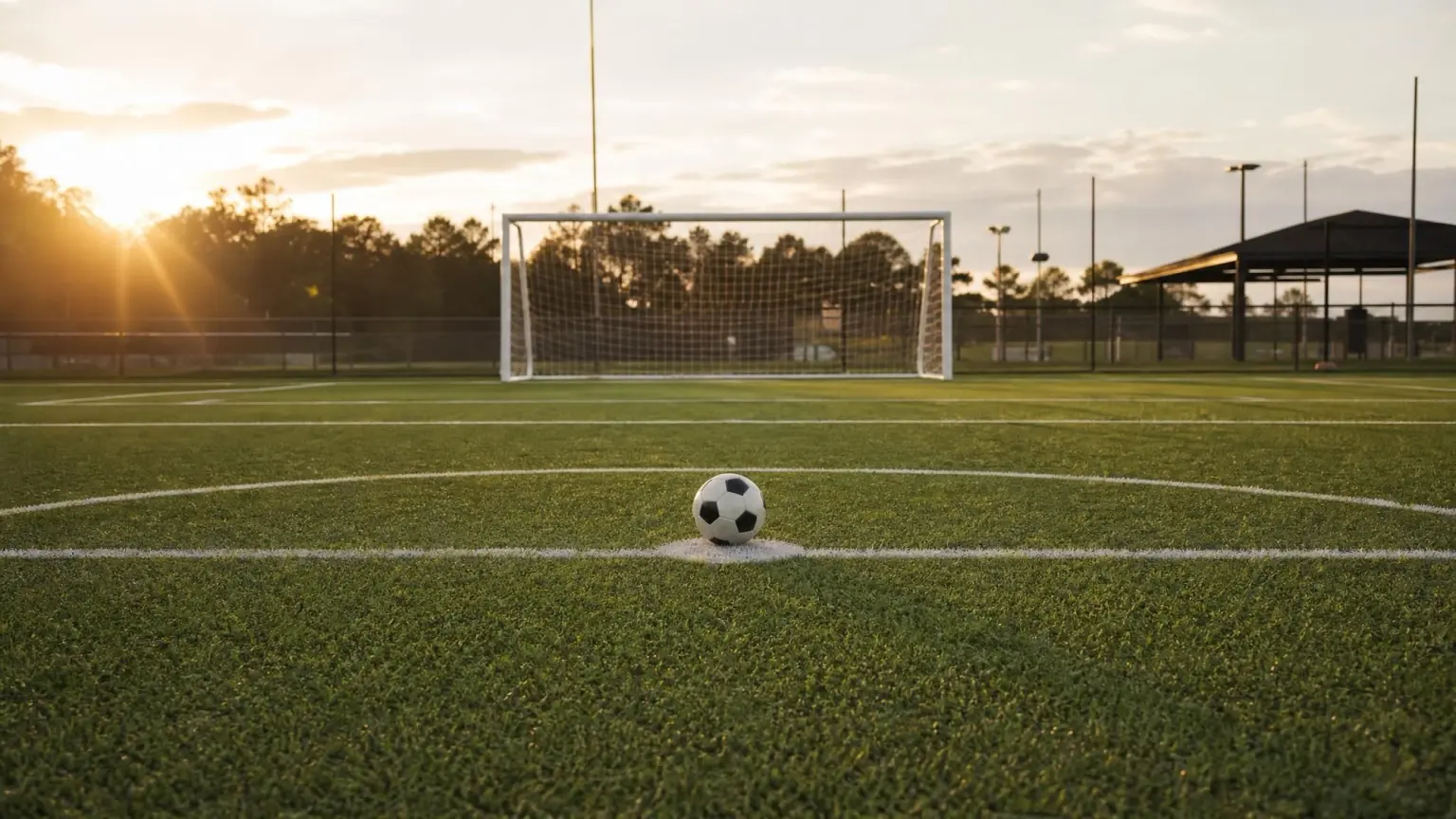 A wide empty youth soccer field at golden hour with a ball on the penalty spot, illustrating where players take up positions