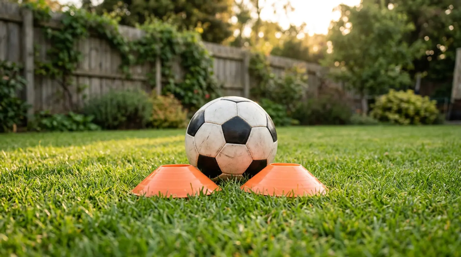 A soccer ball and orange training cones on a backyard lawn in warm afternoon light, representing soccer drills kids can do at home