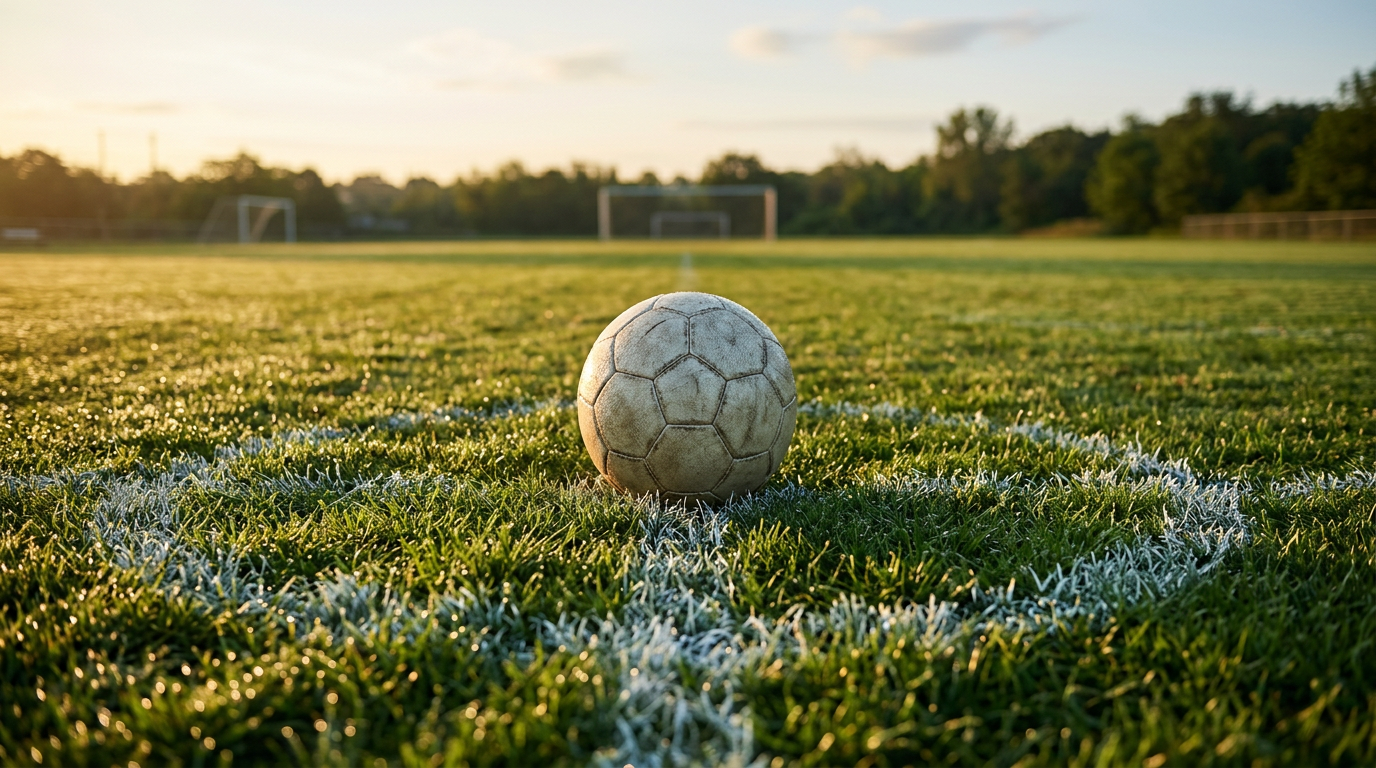 A soccer ball in the center circle of a sunlit youth soccer field in the early morning, representing the golden age of learning for youth players