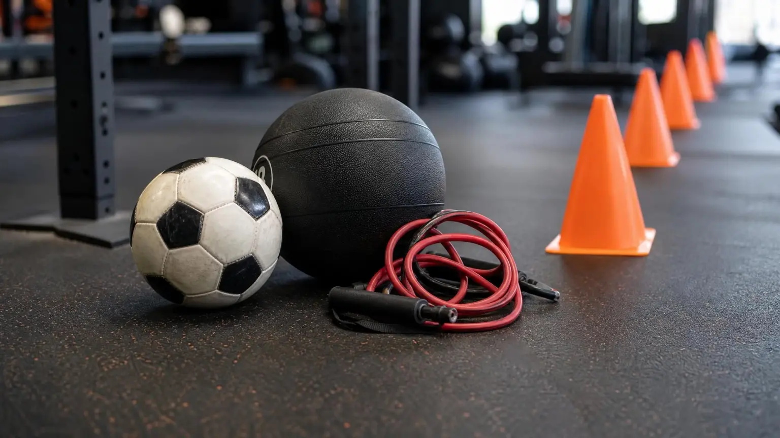 A soccer ball, medicine ball and resistance band beside training cones, the basic equipment for strength training for youth soccer players