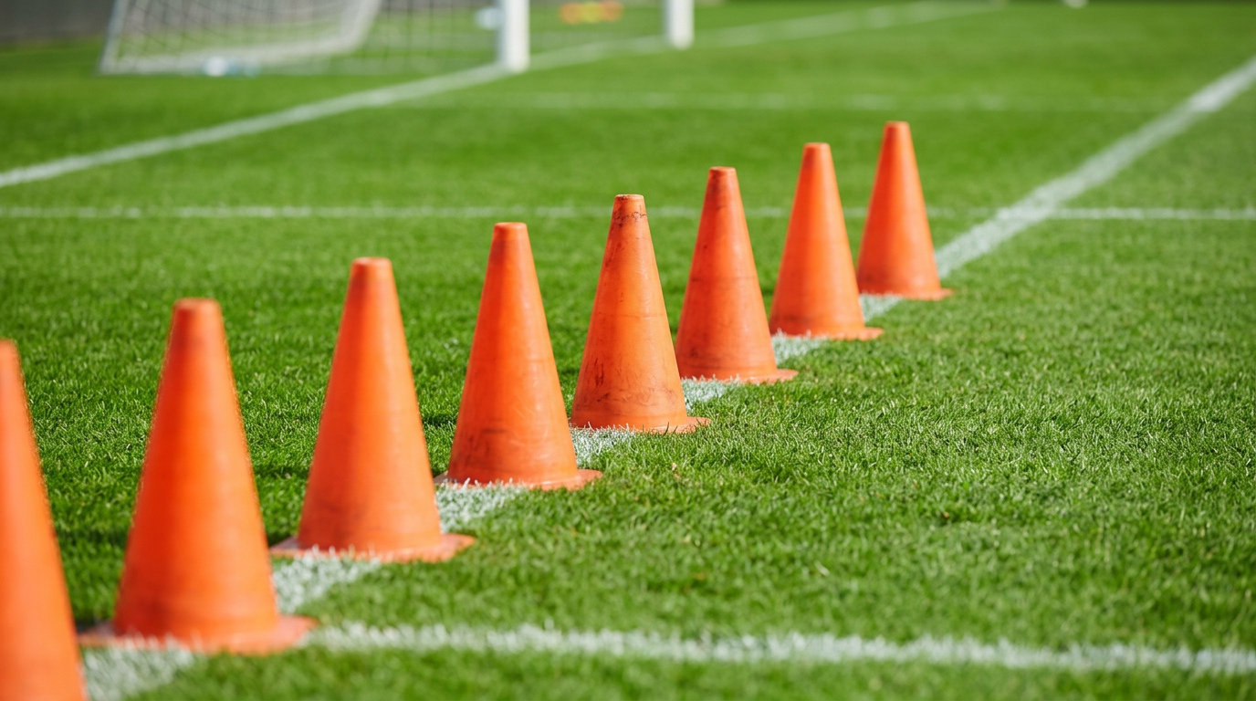 Orange training cones lined up on a marked grass soccer pitch ready for youth soccer tryouts