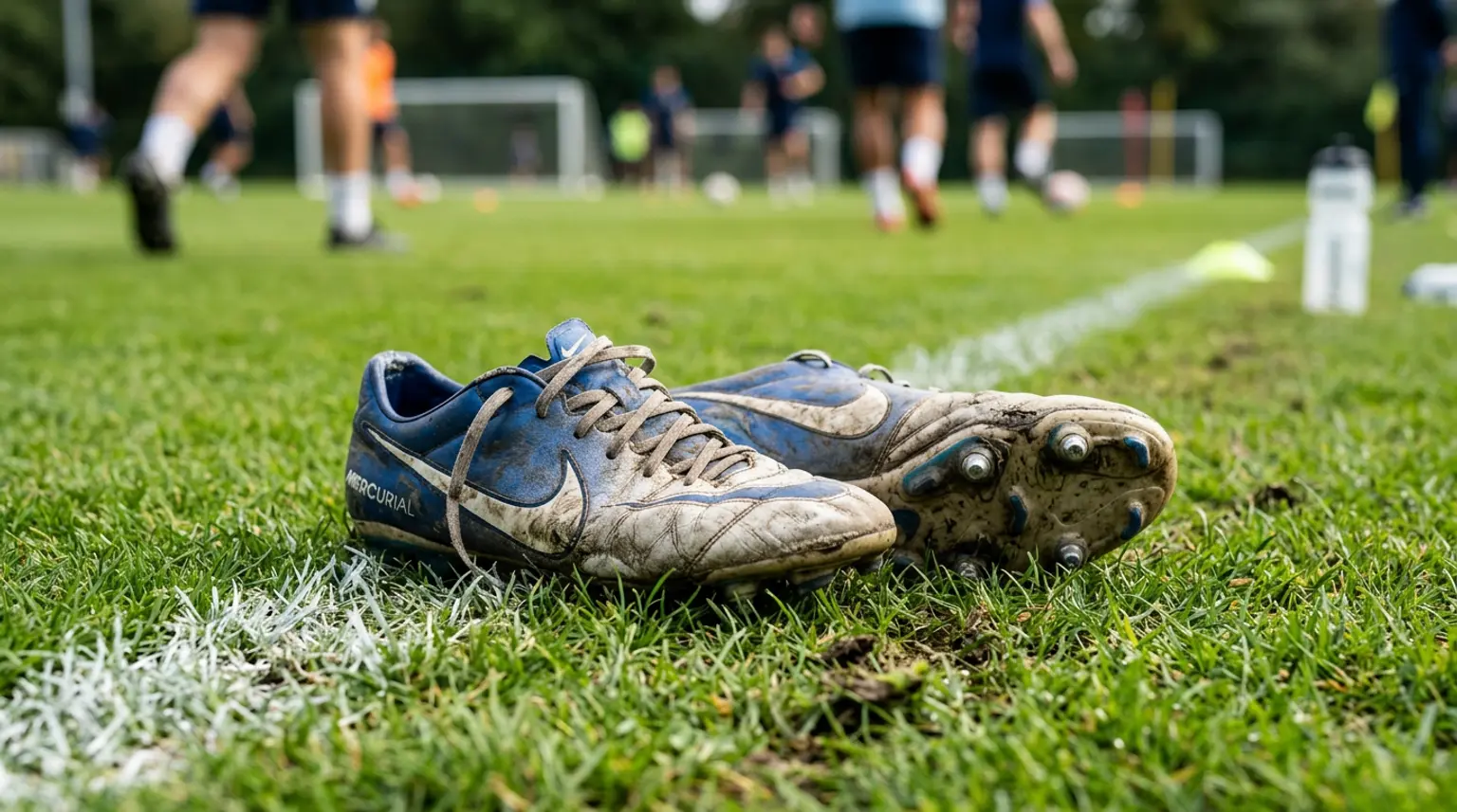 A pair of worn soccer cleats resting on the sideline of a training pitch