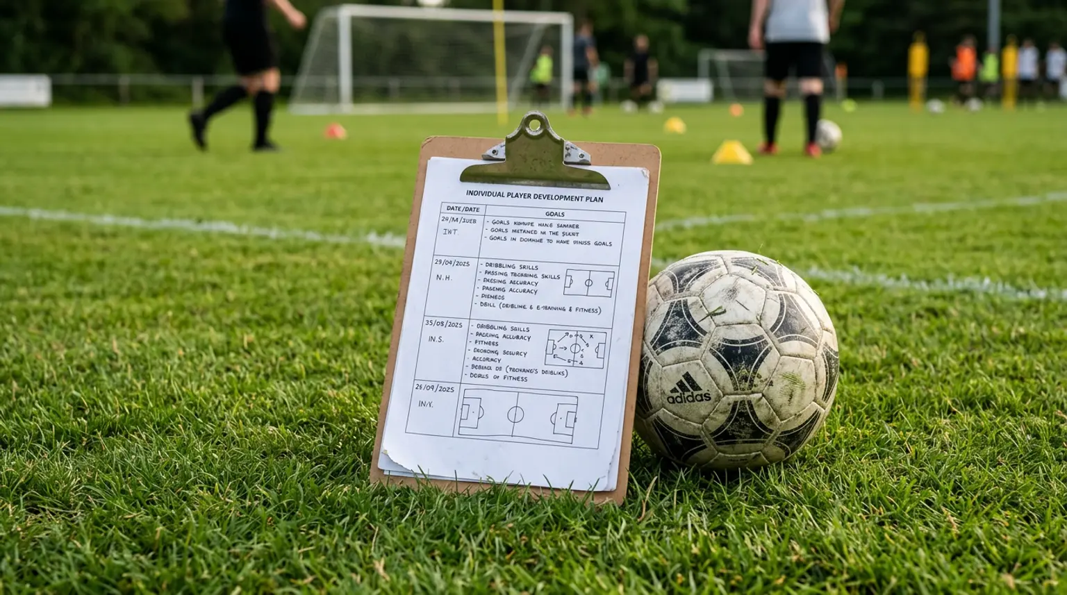 A clipboard with a training plan resting on a grass pitch next to a soccer ball