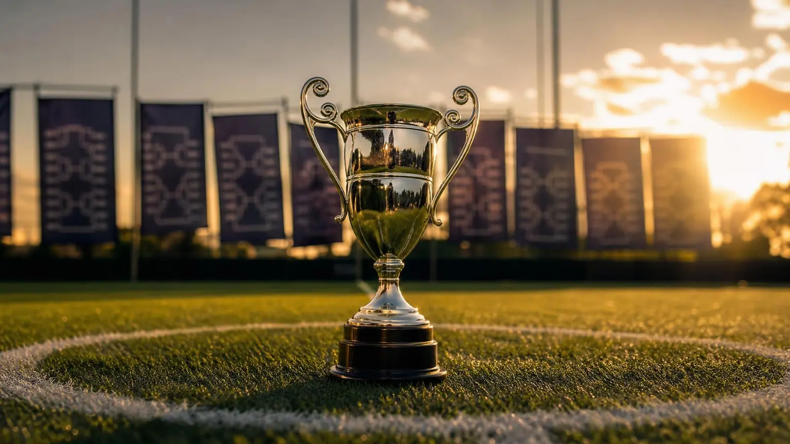 A championship trophy on the centre circle of an empty soccer pitch at golden hour, representing State Cup in youth soccer and the path to the National Championships