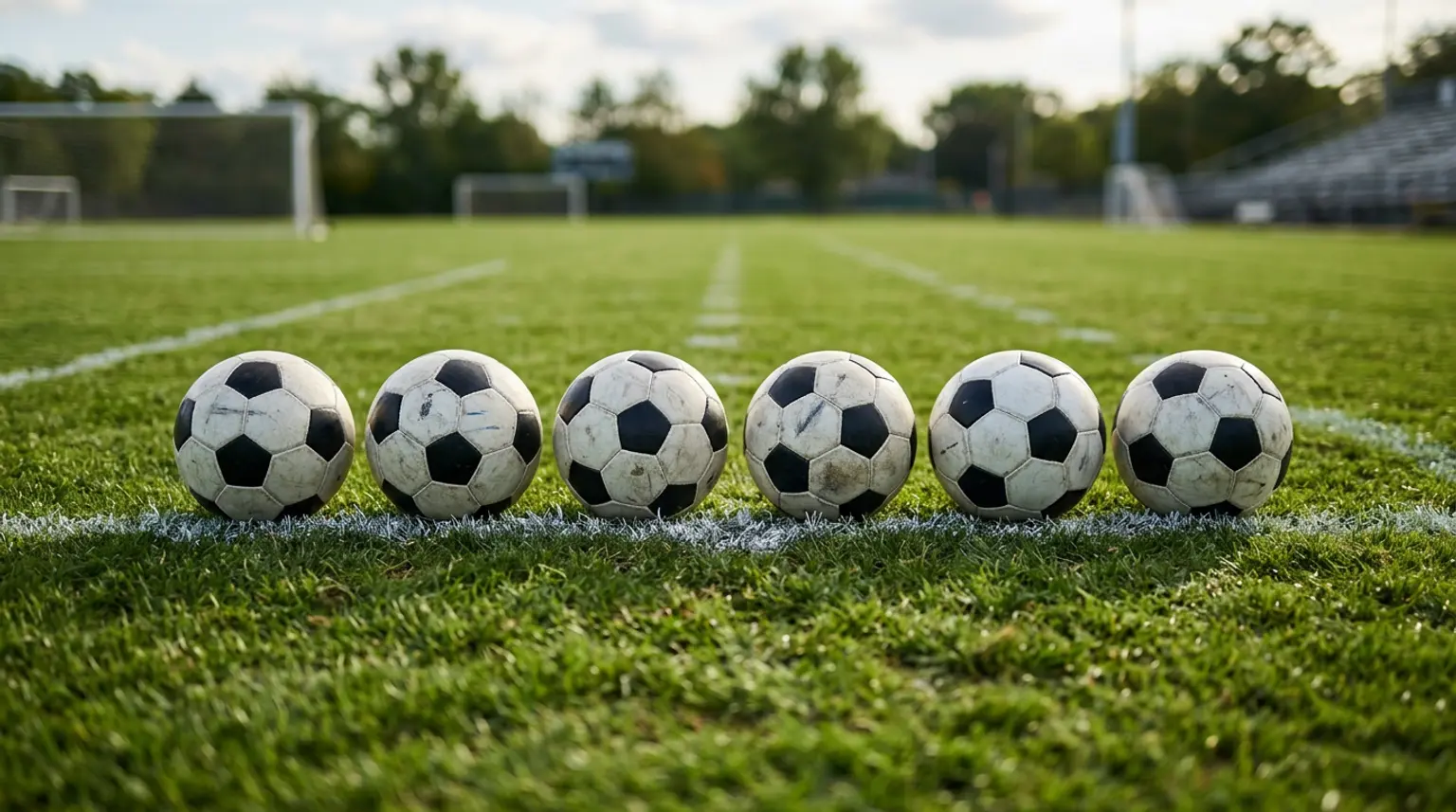 Soccer balls lined up on a white pitch line, representing the difference between club-level and individual soccer training apps
