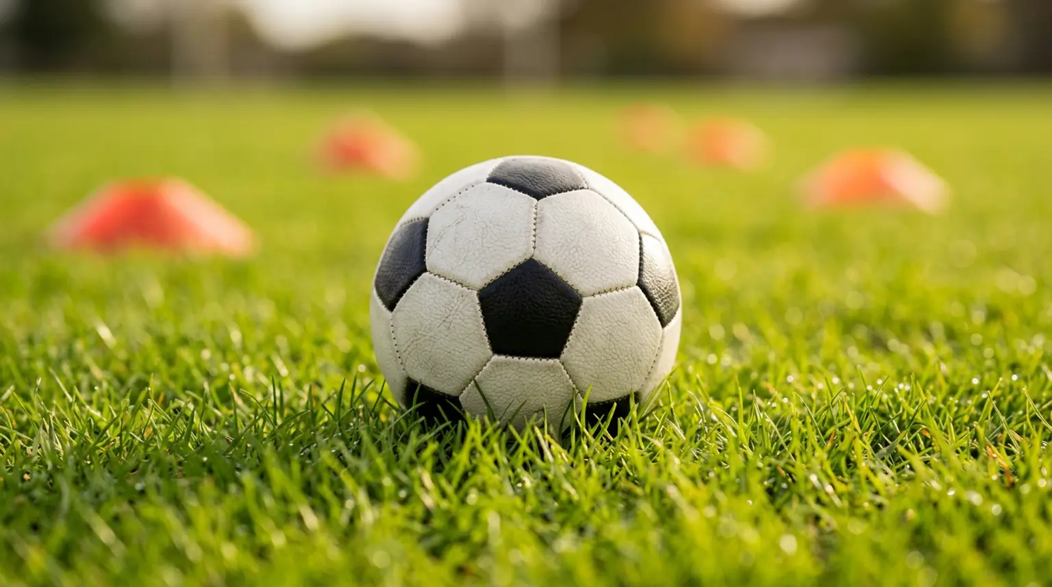 A size 4 soccer ball on bright green grass with small training cones in the background for youth soccer training