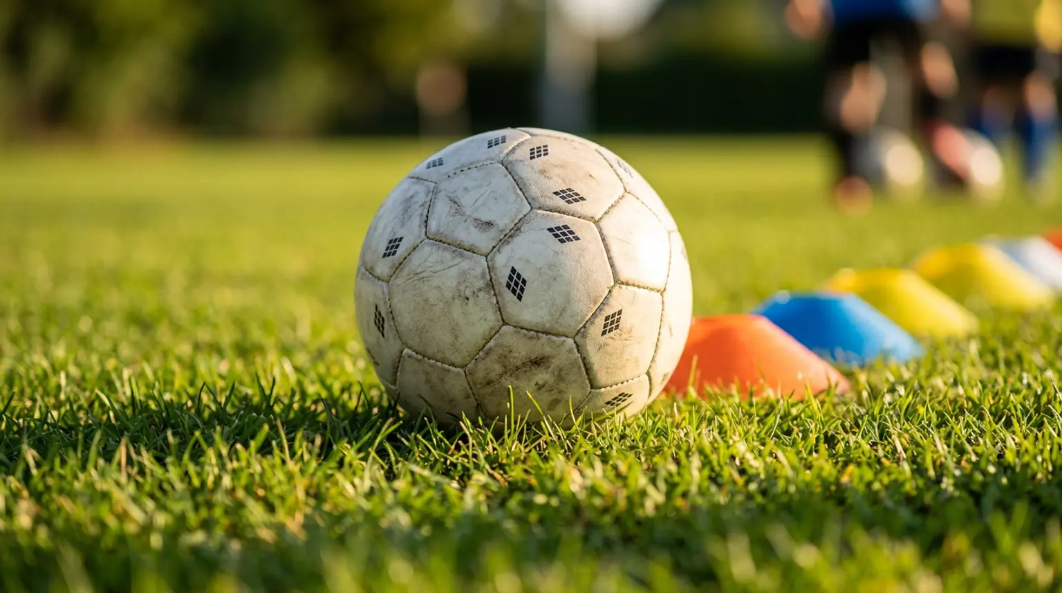 A small size 3 soccer ball and colorful training cones on green grass for U6 youth soccer training