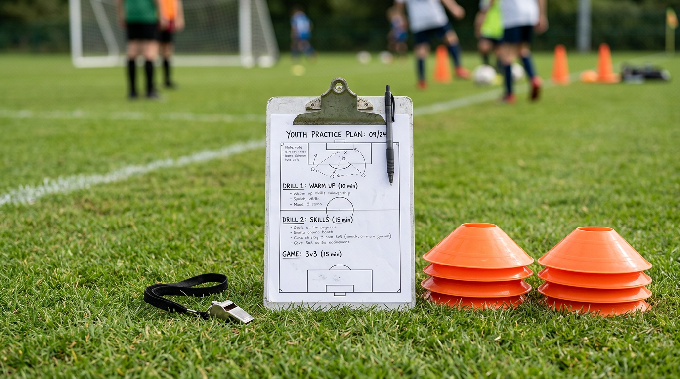 A coaching clipboard with a whistle and orange training cones on a green grass pitch, representing youth soccer practice planning