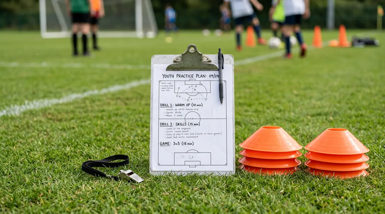 A coaching clipboard with a whistle and orange training cones on a green grass pitch, representing youth soccer practice planning