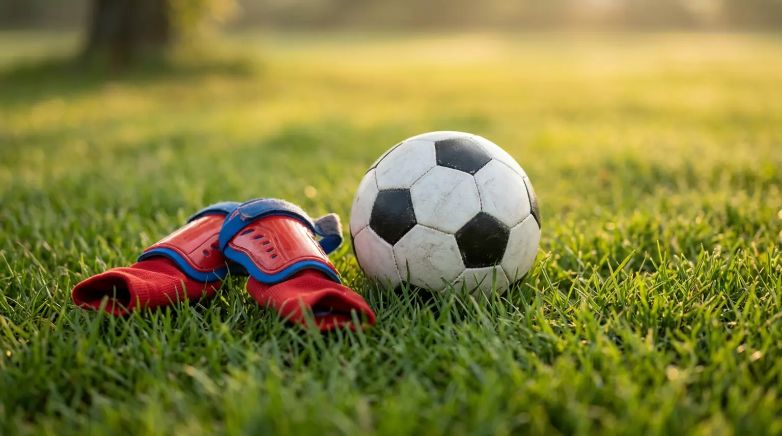 A small soccer ball and shin guards on grass in warm morning light, representing kids learning to play soccer for the first time